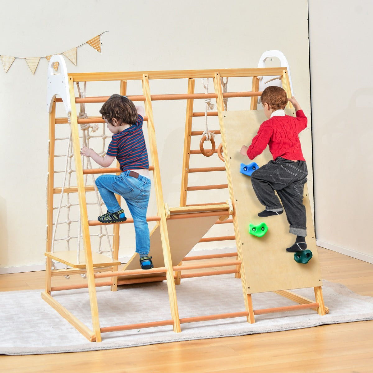 8-in-1 Wooden Jungle Gym Playset with Monkey Bars &amp; Climbing Ladder-Natural