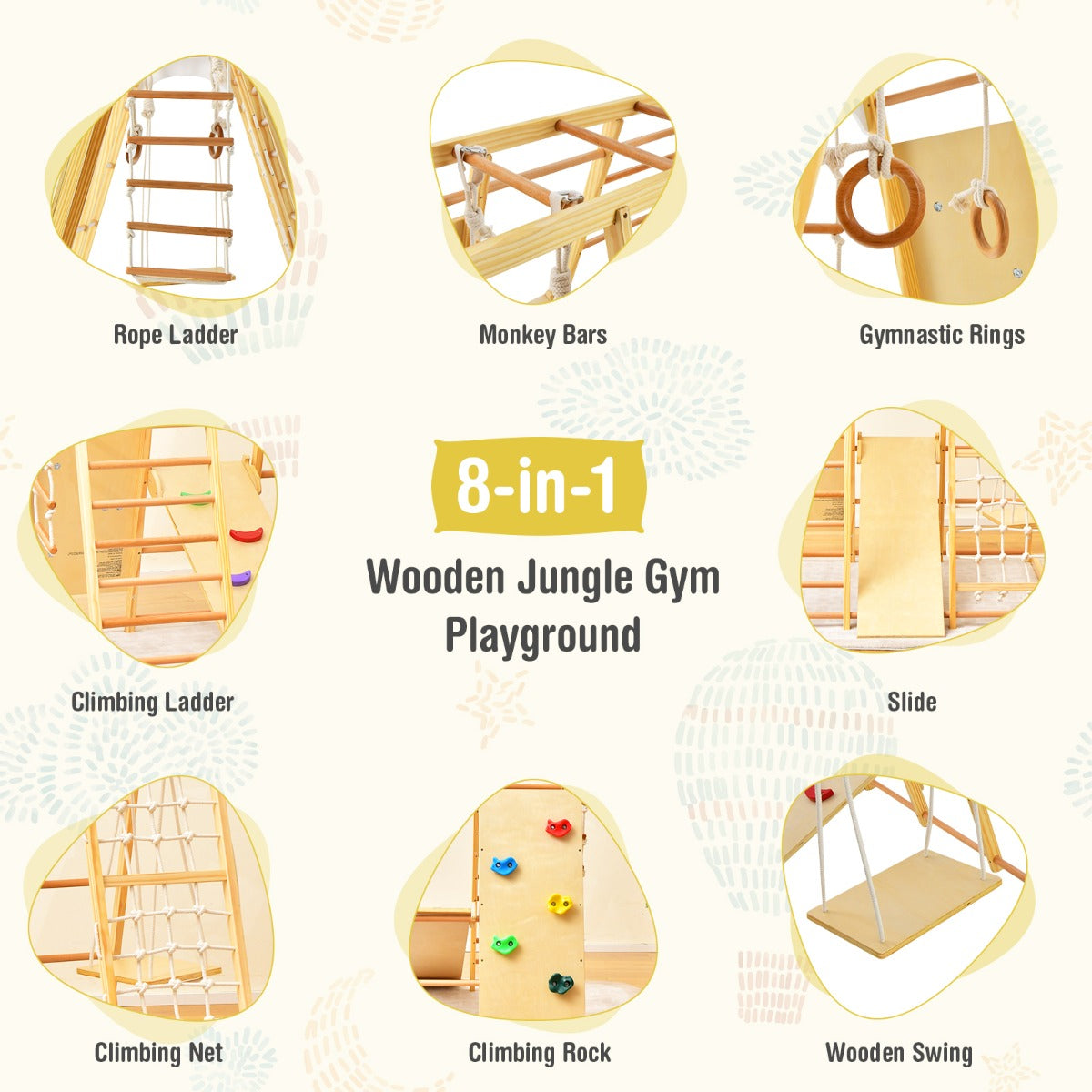8-in-1 Wooden Jungle Gym Playset with Monkey Bars &amp; Climbing Ladder-Natural