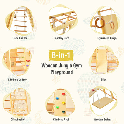 8-in-1 Wooden Jungle Gym Playset with Monkey Bars &amp; Climbing Ladder-Natural