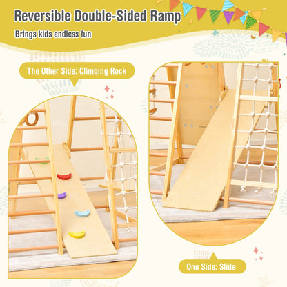 8-in-1 Wooden Jungle Gym Playset with Monkey Bars &amp; Climbing Ladder-Natural