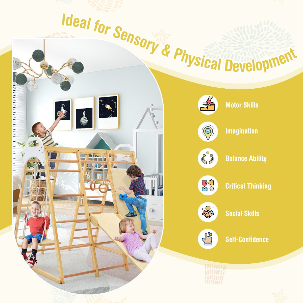 8-in-1 Wooden Jungle Gym Playset with Monkey Bars &amp; Climbing Ladder-Natural