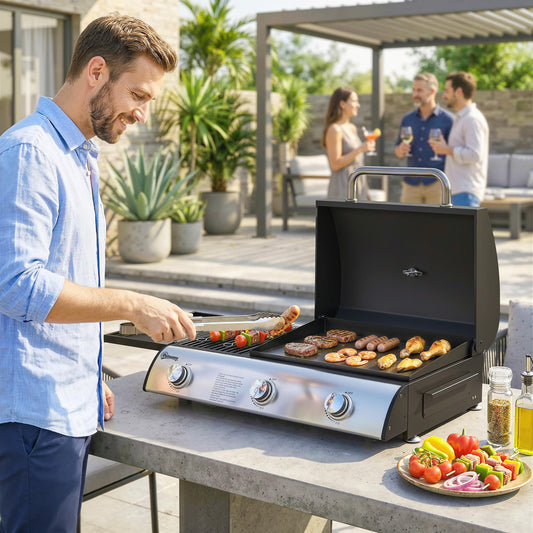 Outsunny 3 Burner Portable Gas Plancha BBQ Grill, 8.1 kW Outdoor Tabletop Gas Barbecue Grill with Griddle, Thermometer,, Black