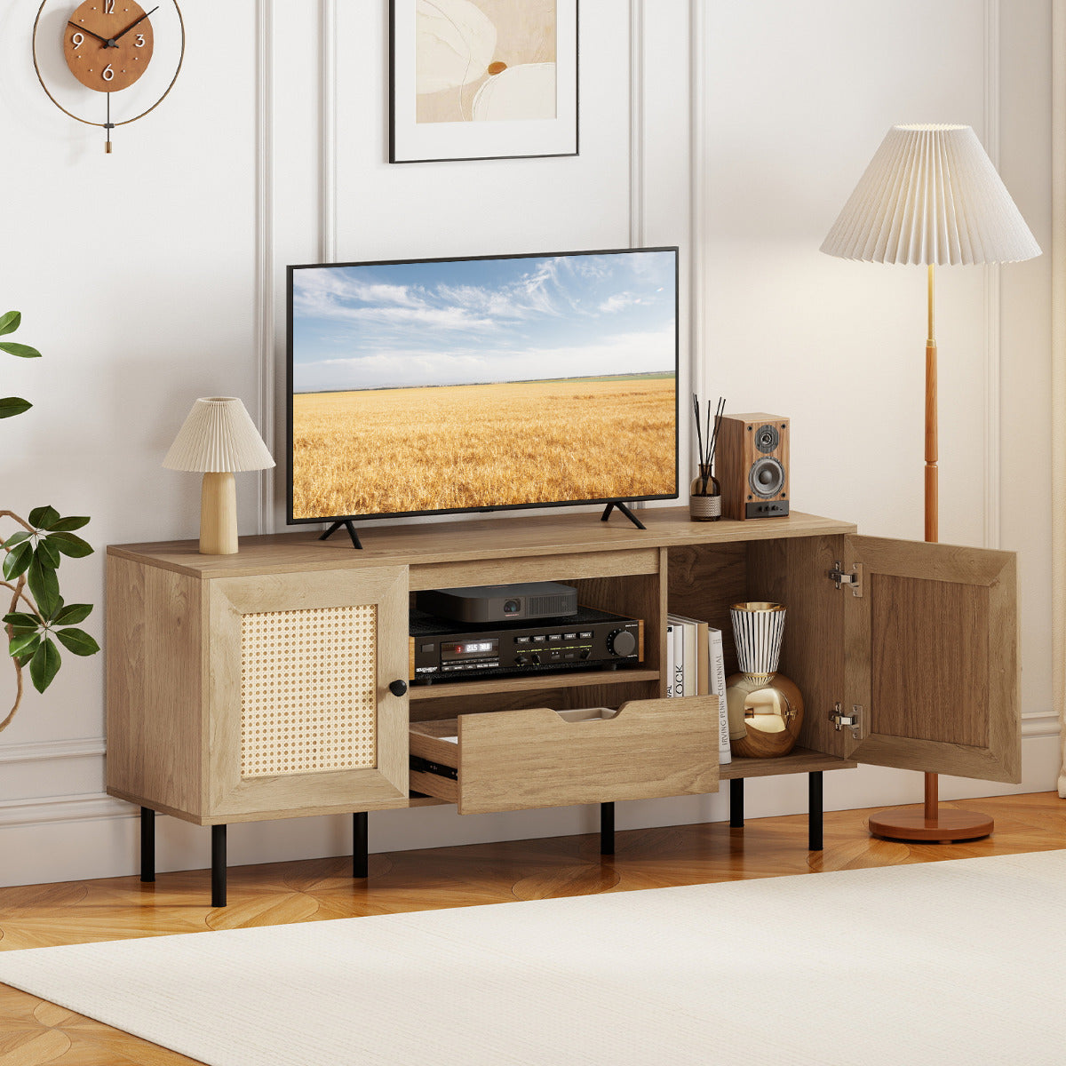 TV Stand for 60 Inch TV with Cabinets and Storage Shelf-Natural