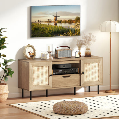 TV Stand for 60 Inch TV with Cabinets and Storage Shelf-Natural
