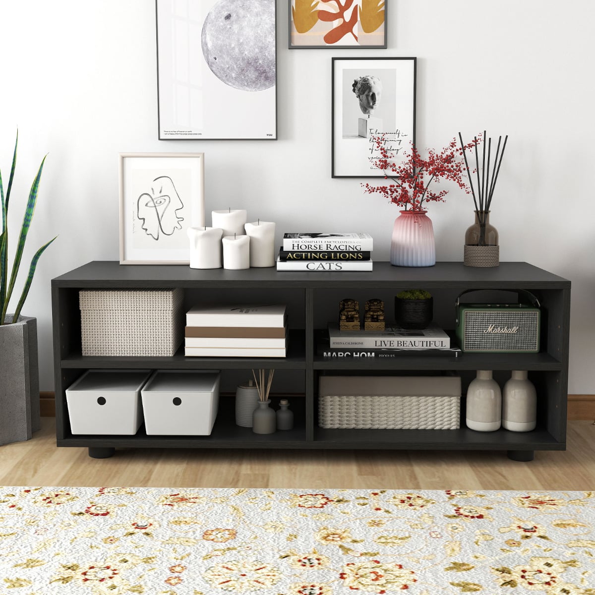 Home TV Stand with 5 Positions Adjustable Shelves for TV up to 4 Cubbies-Black