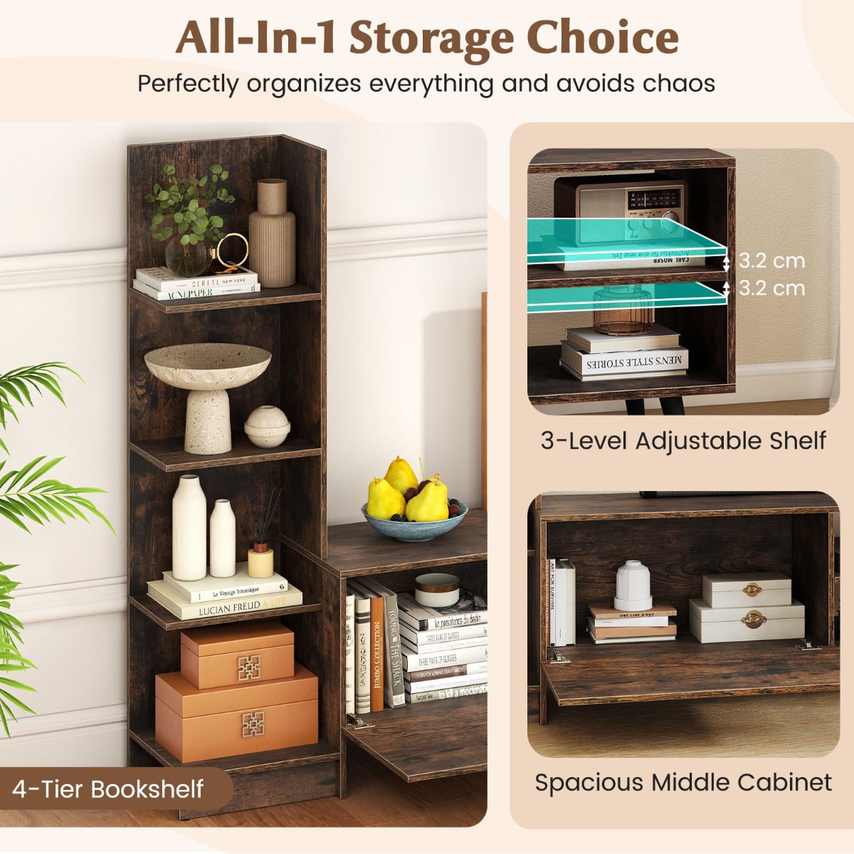 TV Stand for TVs up to 50 Inches with Adjustable Shelf for Living Room Bedroom-Rustic Brown