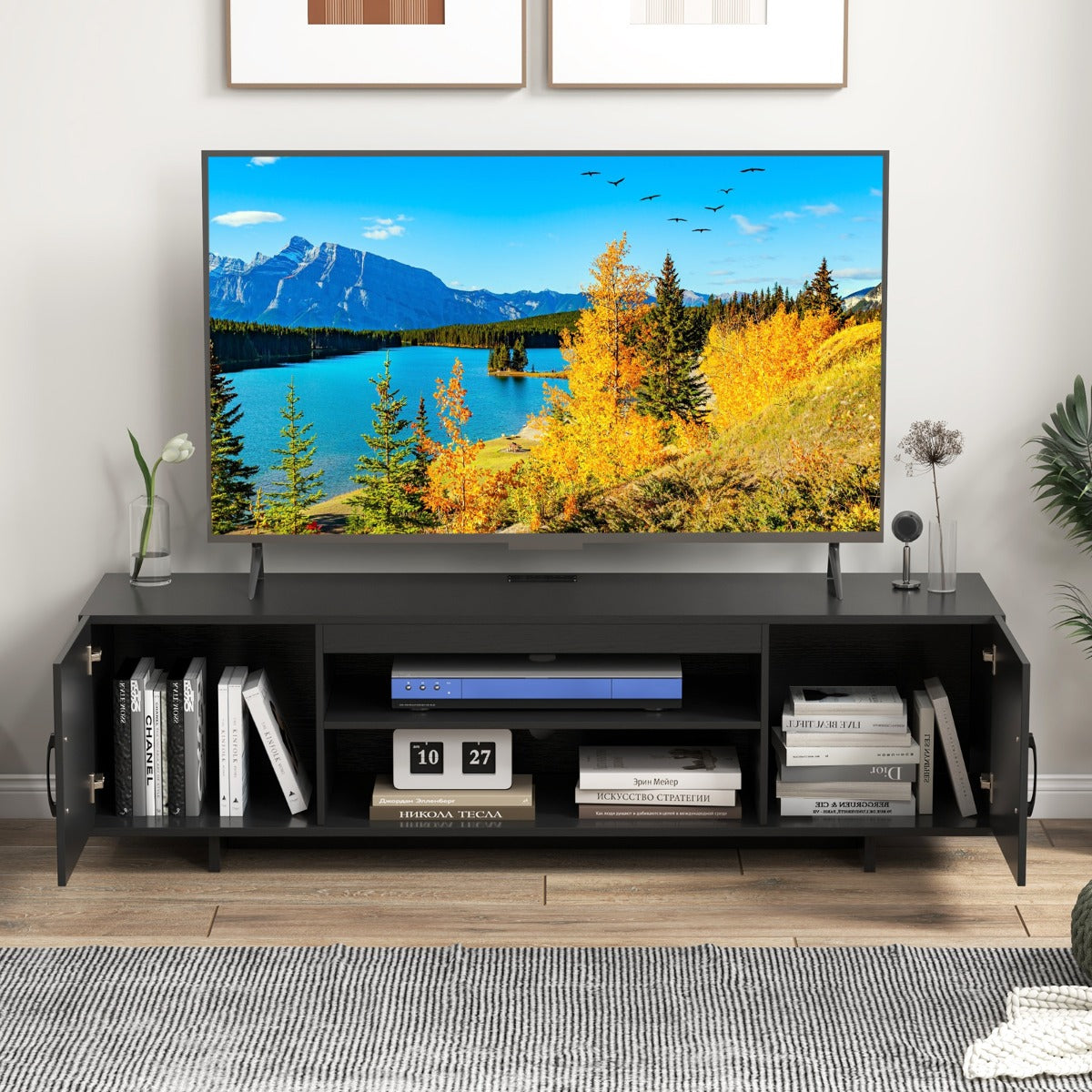 TV Stand for TVs up to 70 Inches with Power Outlet and 2 Cable Holes-Black
