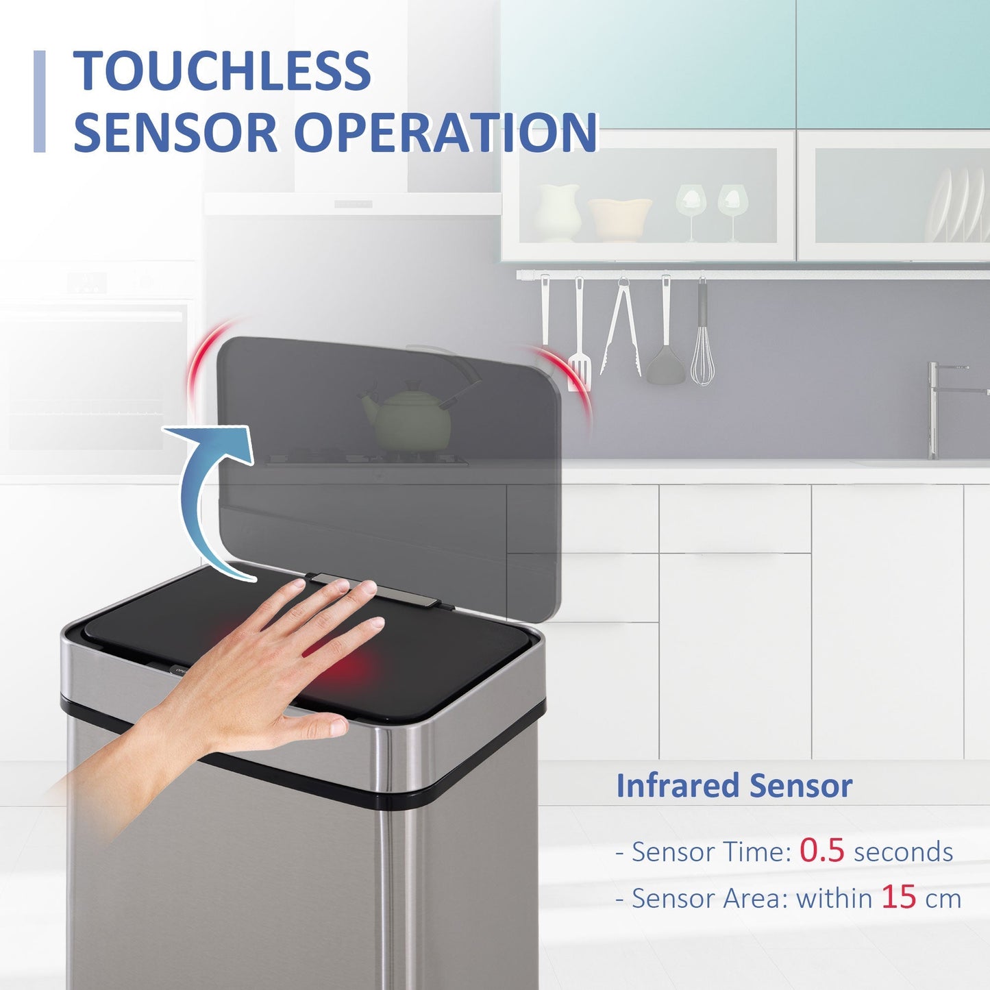 HOMCOM 72L Recycling Sensor Bin Stainless Steel 3 Compartments For Both Wet/Dry Waste w/Removable Lid Kitchen Home