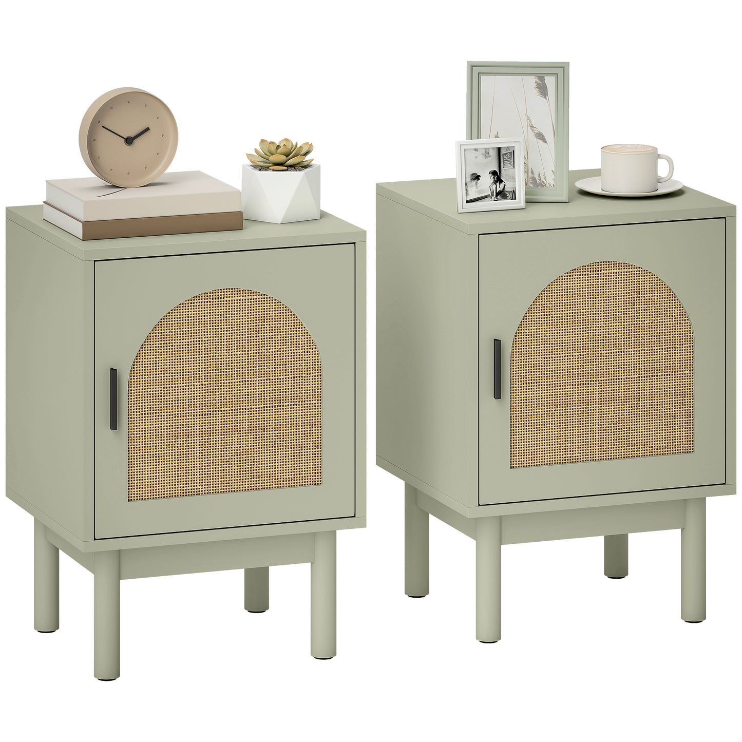 HOMCOM Set of 2 Rattan Bedside Tables, Boho Nightstands with Solid Wood Legs and Storage Cabinet for Living Room, Bedroom, Accent End Side Table, Light Green
