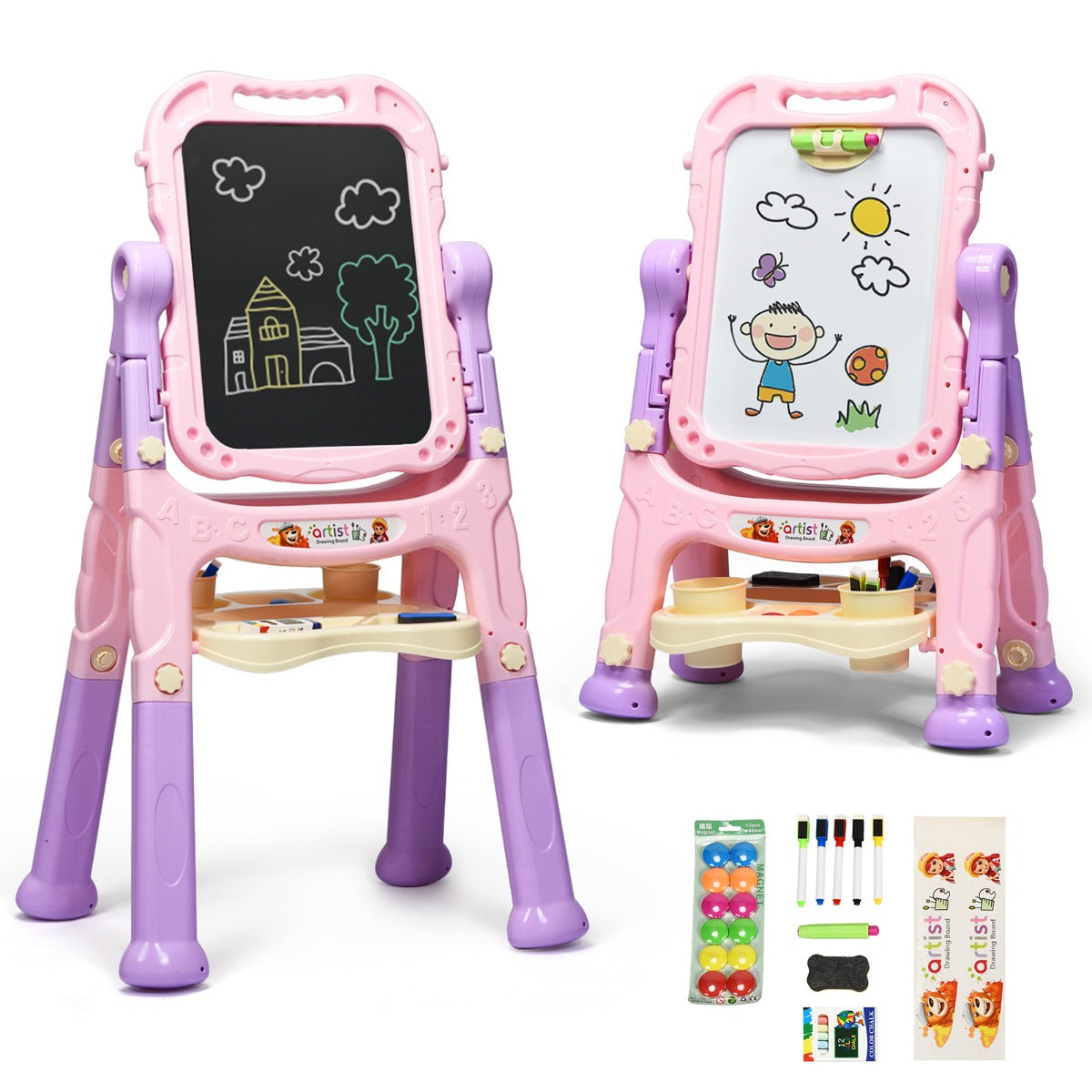 Kid's Double Sided Boards Easel Magnetic Painting Art-Pink