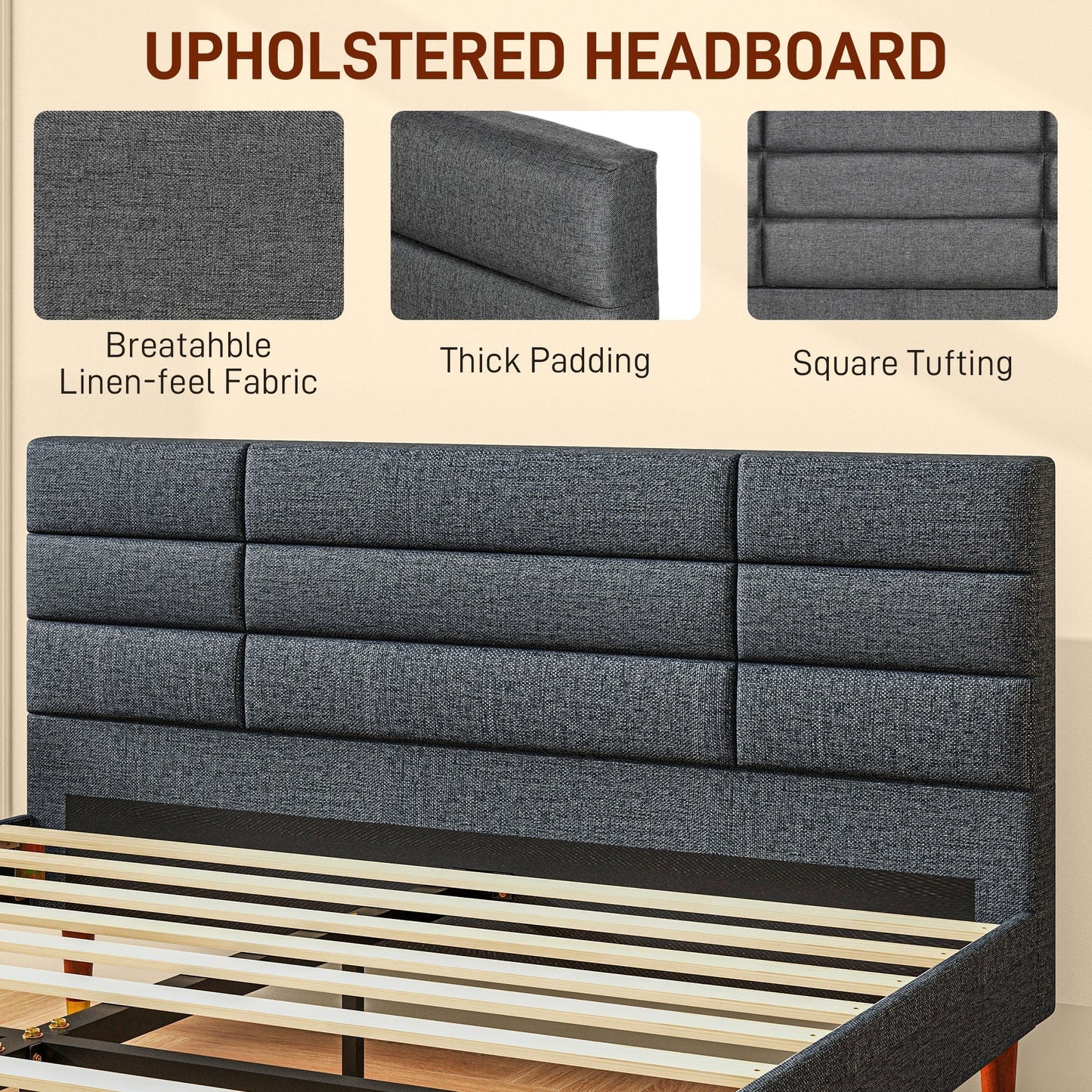 HOMCOM Upholstered King Bed Frame 154W x 206D x 87Hcm with Slats - Grey