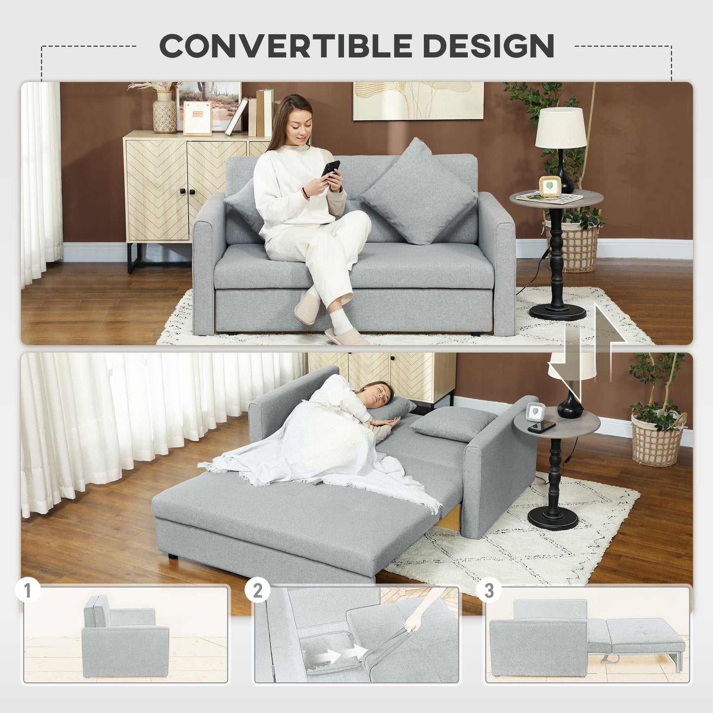 HOMCOM 2 Seater Sofa Bed with Hidden Storage, Pull Out Convertible Bed Settee, Modern Linen Loveseat Sofa Sleeper with 2 Cushions for Living Room, Guest Room, Light Grey