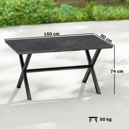 Outsunny Garden Dining Table for 6, Rectangular Outdoor Table with Wood Effect HDPE Top, X-Shaped Metal Legs, Black