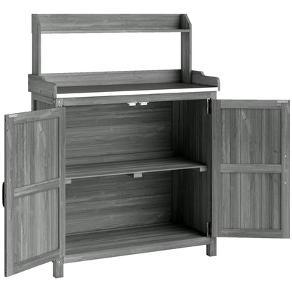Outsunny Wooden Potting Bench Table with Aluminium Worktop, Outdoor Garden Workbench with Top Shelf and Cabinet Storage