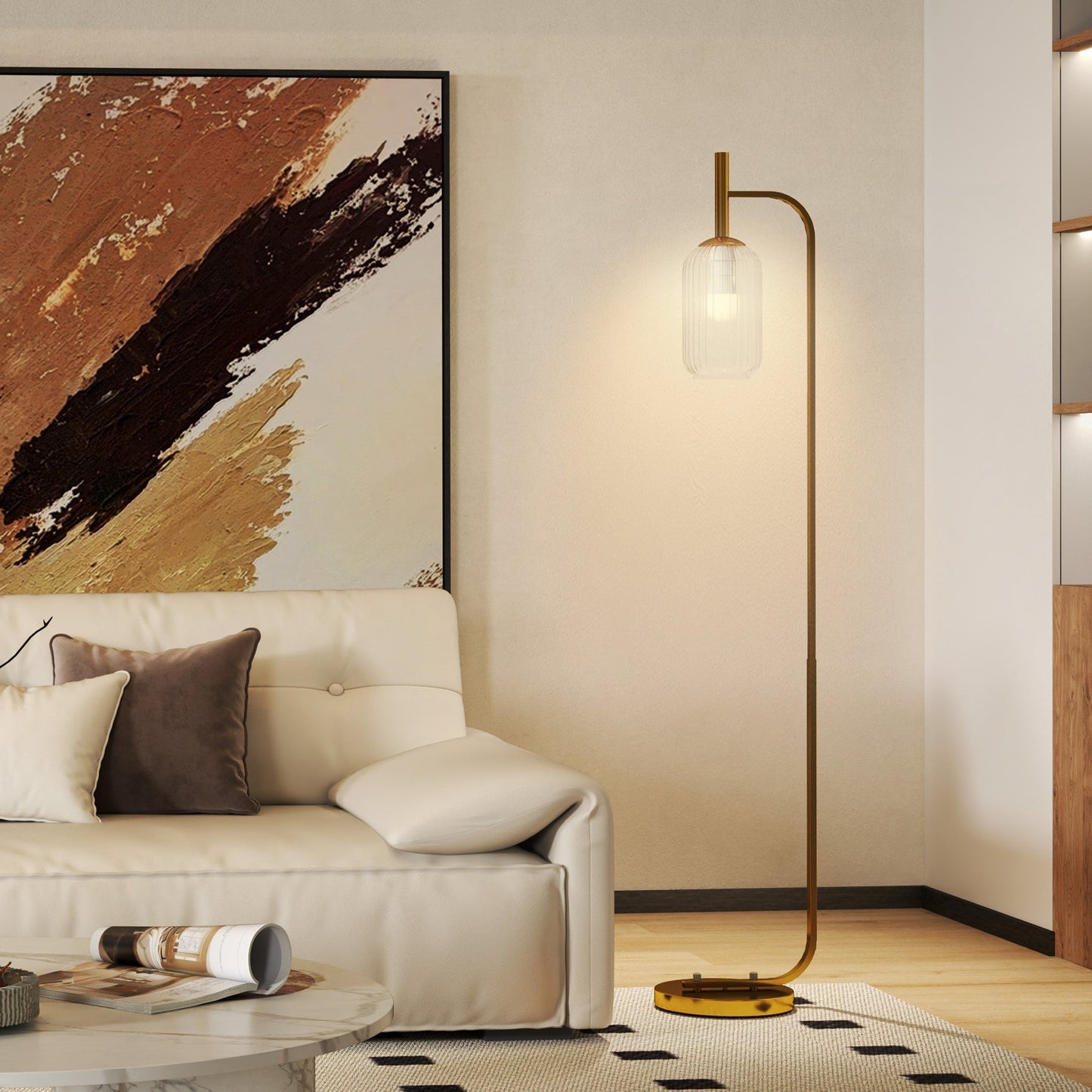 HOMCOM LED Floor Lamp for Living Room with Glass Lampshade, Modern Standing Lamp with Foot Switch, Adjustable Brightness, 2700K for Bedroom, Gold Tone
