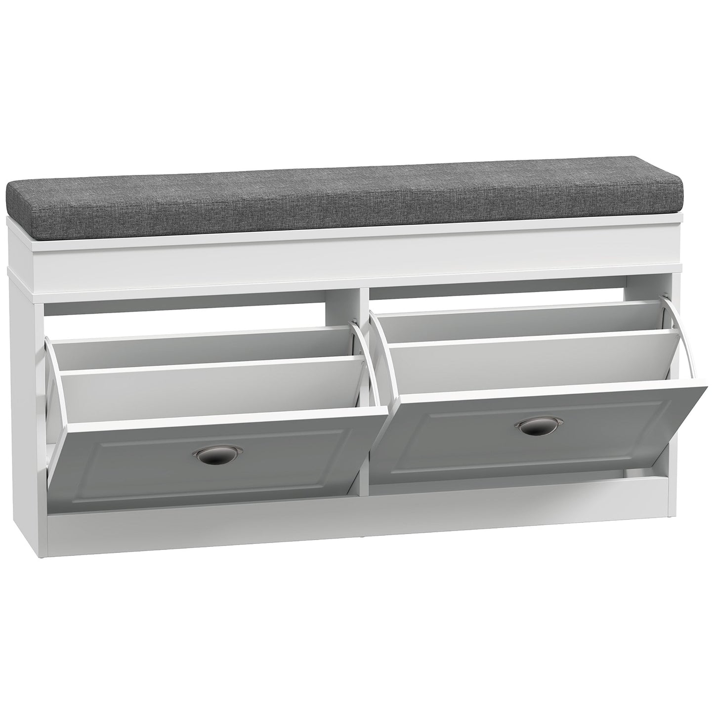 HOMCOM Shoe Storage Bench with Flip Drawers, Shoe Cabinet with Seat Cushion and Adjustable Shelf for Hallway, Entryway, Living Room, Bedroom, White