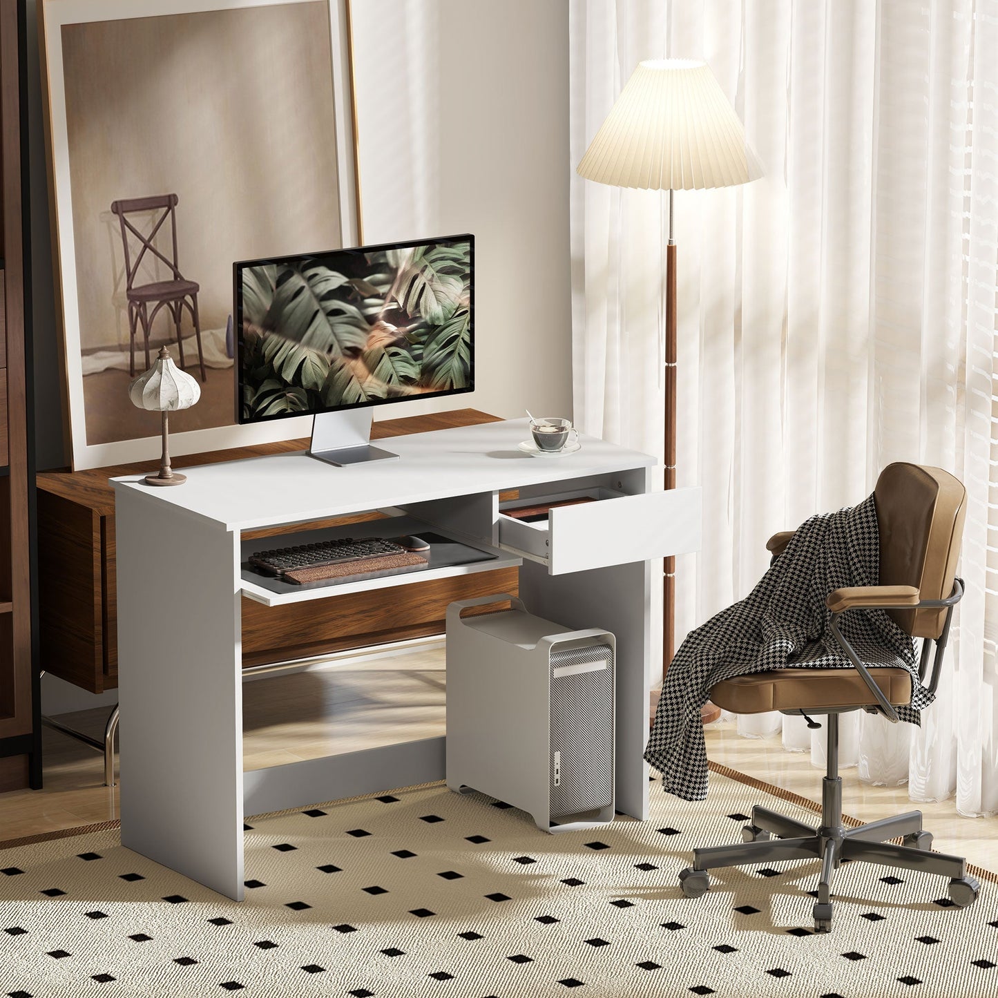 HOMCOM 100cm Compact Computer Desk with Keyboard Tray, Home Office Desk with Drawer for Bedroom Study, White