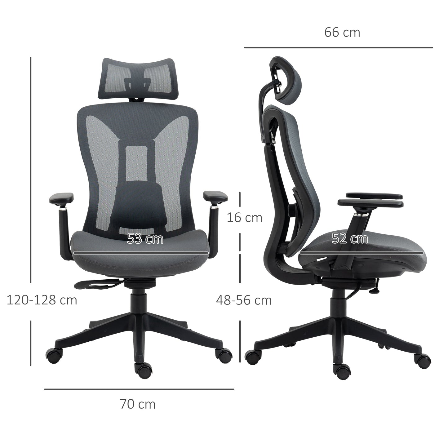 Vinsetto Mesh Office Chair, Ergonomic Desk Chair, Computer Chair with Adjustable Headrest and Lumbar Support, 135Â° Reclining Back and 3D Armrest for Home Office Study, Grey