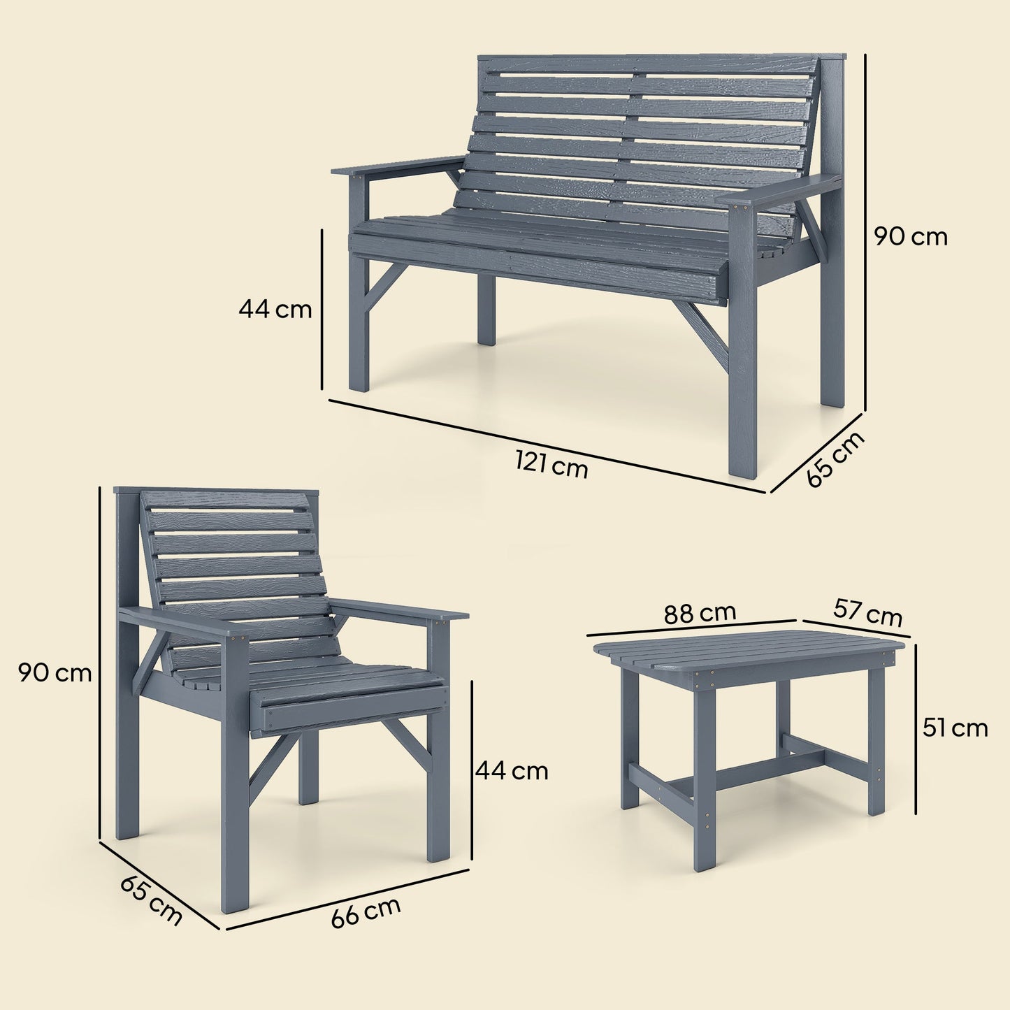 Outsunny 4 Piece Wooden Garden Furniture Set, Outdoor Garden Sofa Set with 2 Armchairs, Loveseat and Coffee Table, Grey