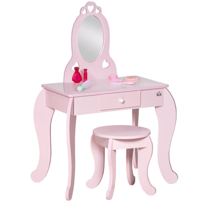 HOMCOM Kids Vanity Table & Stool Girls Dressing Set Make Up Desk Chair Dresser Play Set with Mirror Pink