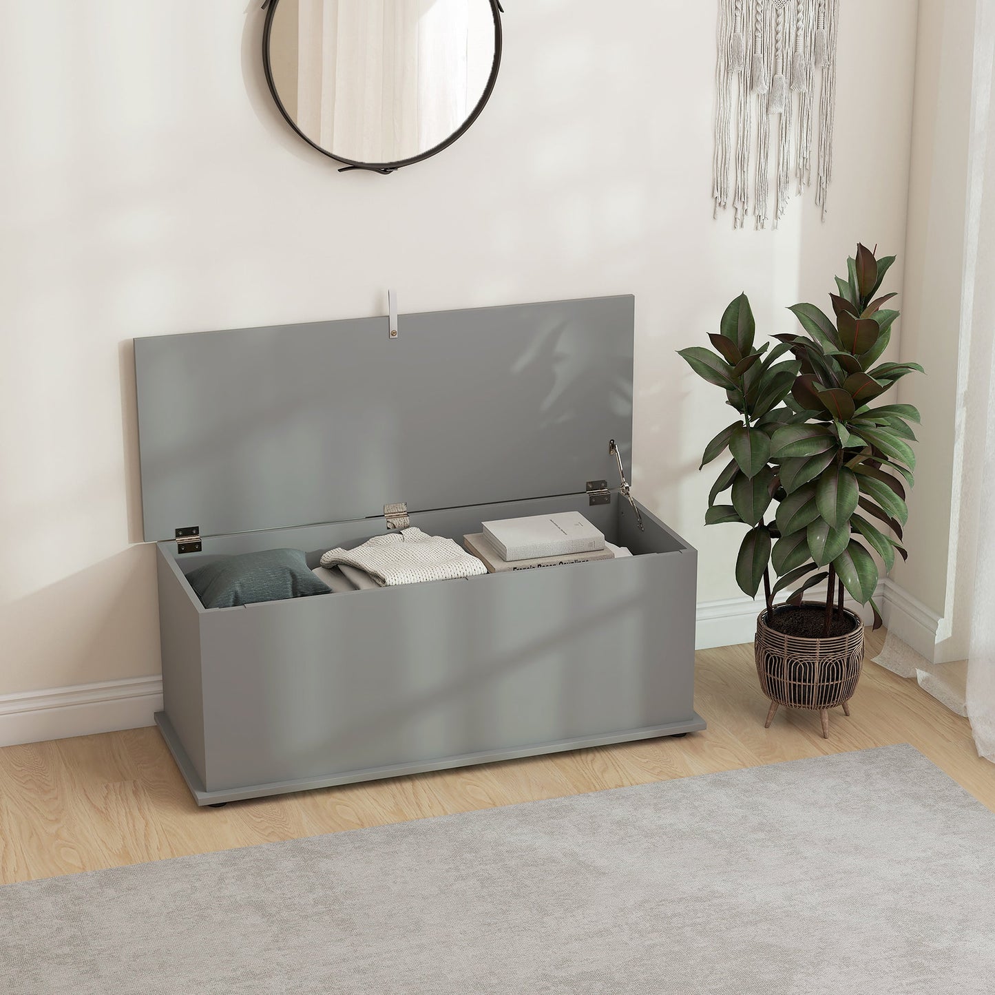 HOMCOM 113L Storage Chest, Storage Box with Flip-Top Lid and 2 Safety Hinges, Storage Trunk for Living Room, Entryway, 100 x 40 x 40 cm, Grey