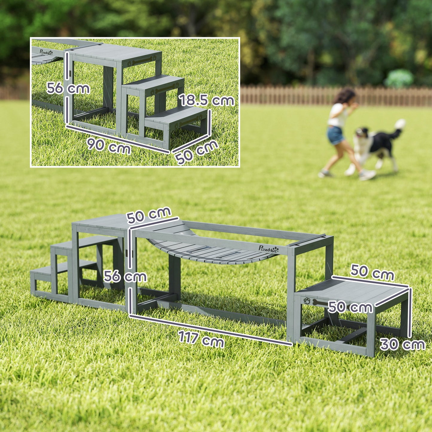 PawHut 3 Pieces Wooden Dog Agility Training Equipment with Soft Bridge, Pause Platform and Pet Stair for Outdoor, Grey