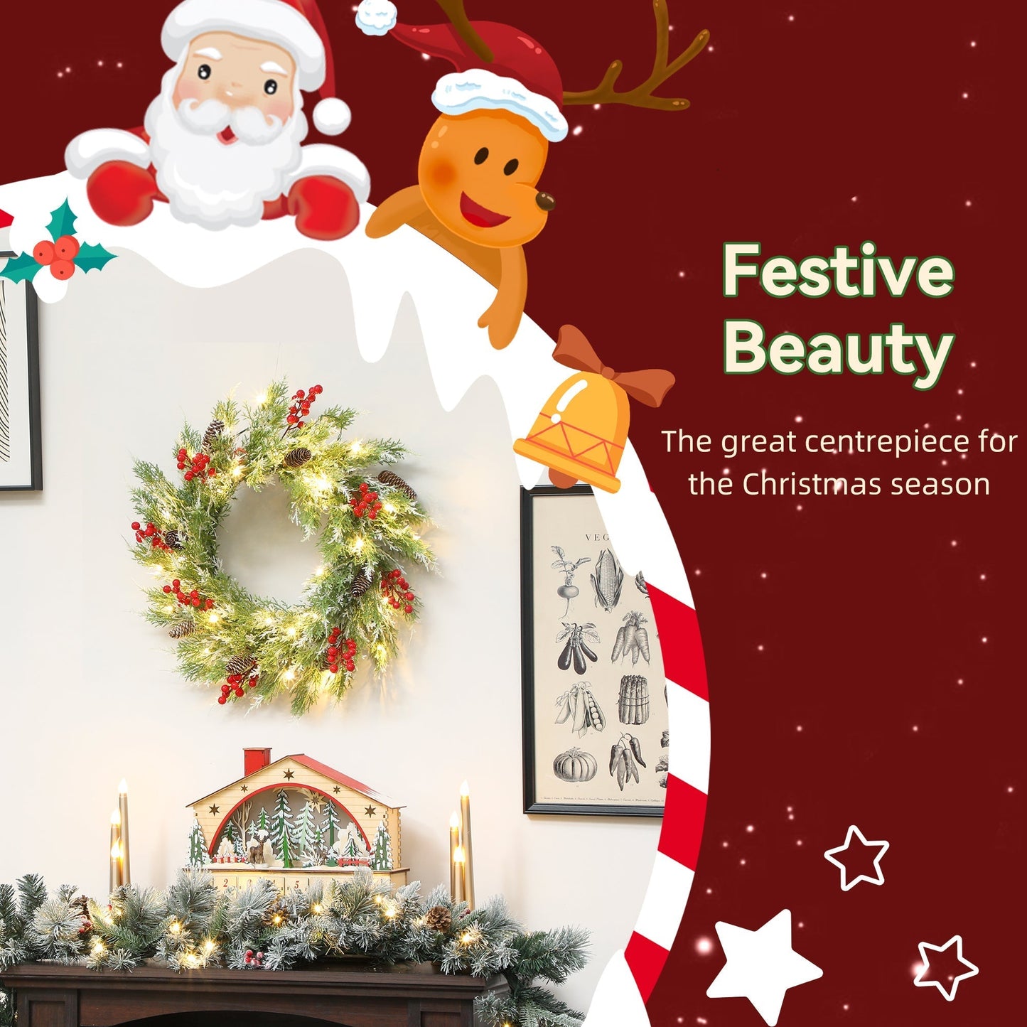 HOMCOM 60 cm Prelit Christmas Wreath, Door Wreath with Realistic Branches, 30 Warm White LEDs, Timer, Battery Operated