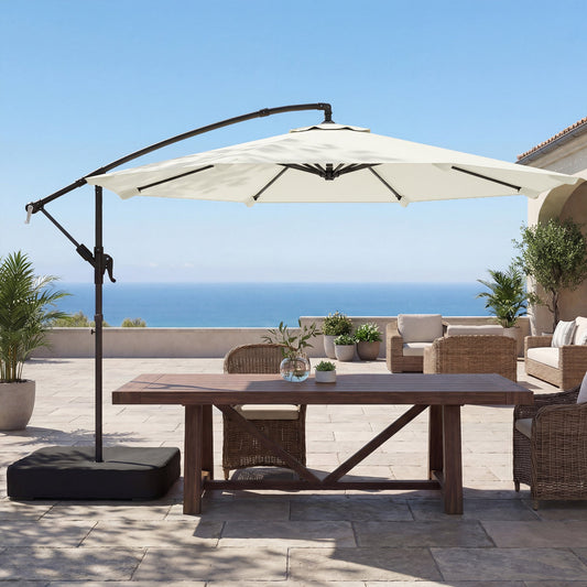 Outsunny 3 m Garden Cantilever Parasol with Cross Base, Sandbag, 360 degrees Rotating Overhanging Banana Umbrella, Cream White