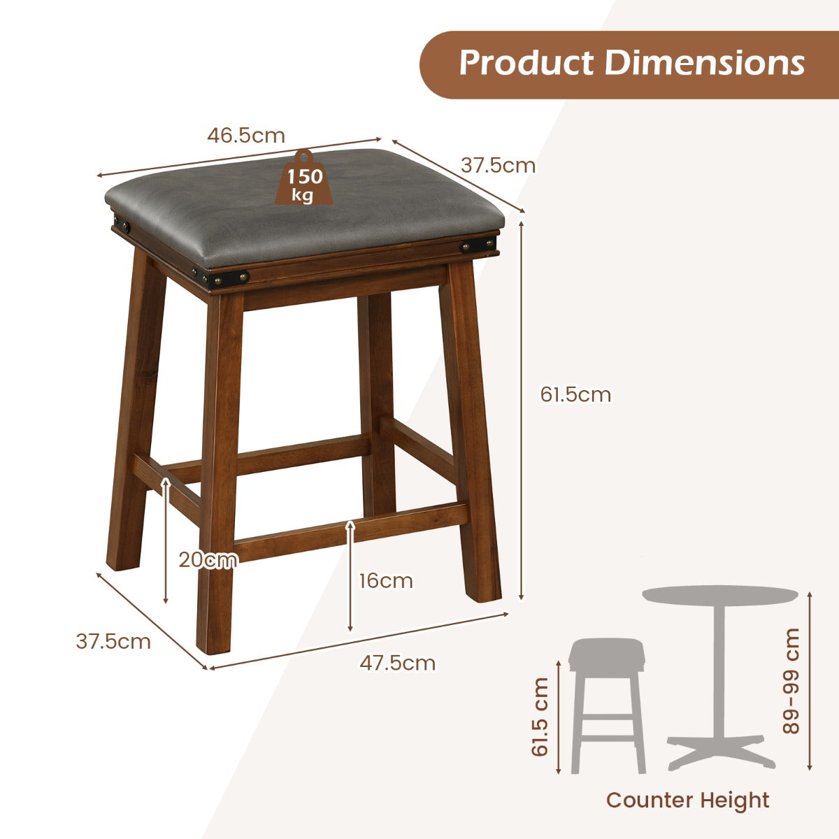 Set of 4 62 cm Height Upholstered Backless Bar Stools with PU Leather Padded Seat-Brown