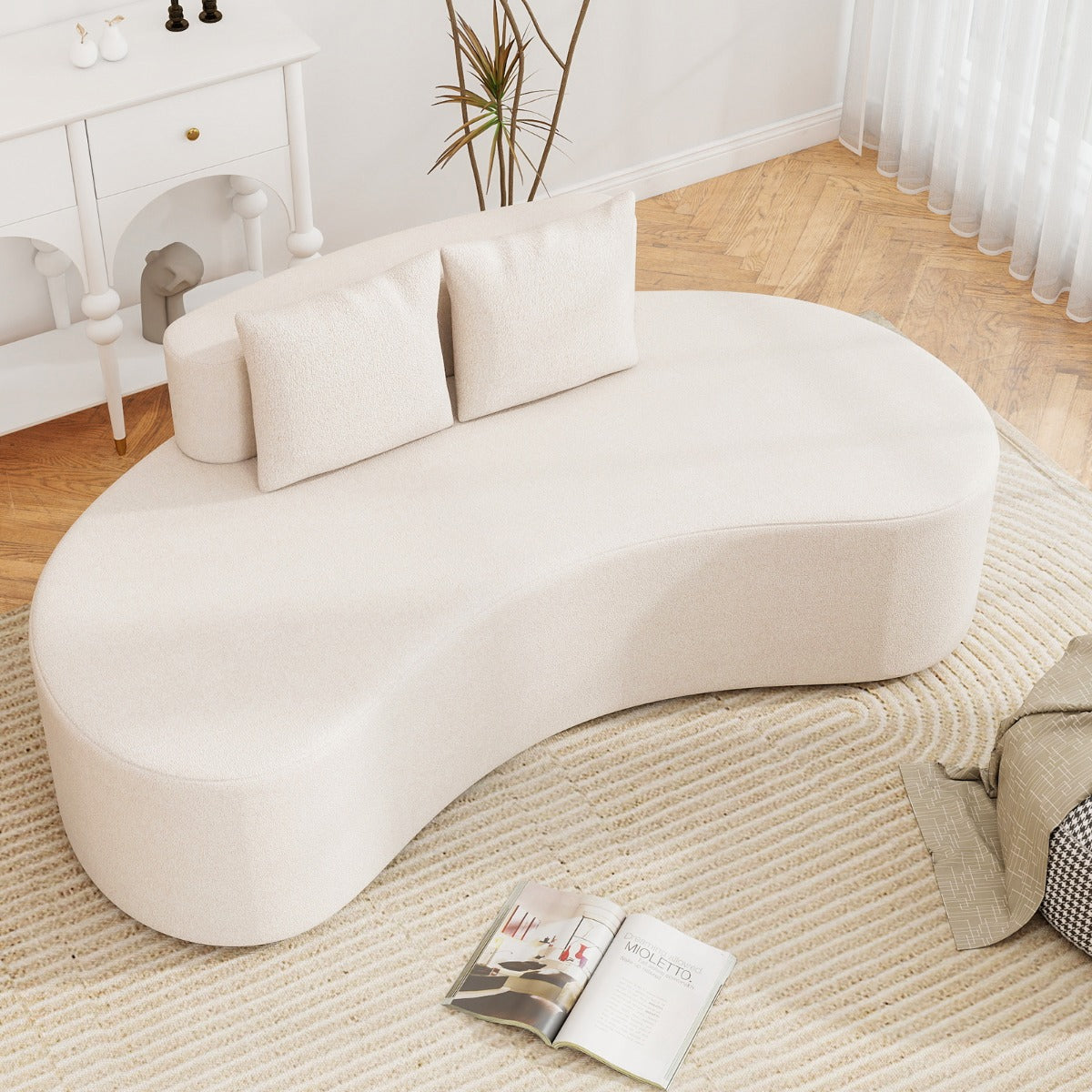 Upholstered Curved Sofa with 2 Cozy Pillows and Low Backrest-Beige