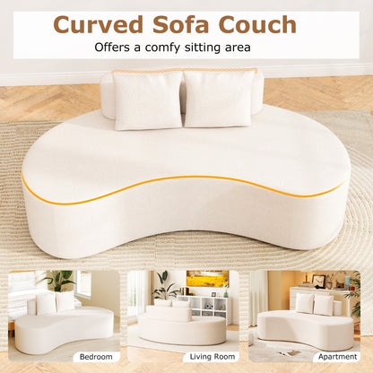 Upholstered Curved Sofa with 2 Cozy Pillows and Low Backrest-Beige