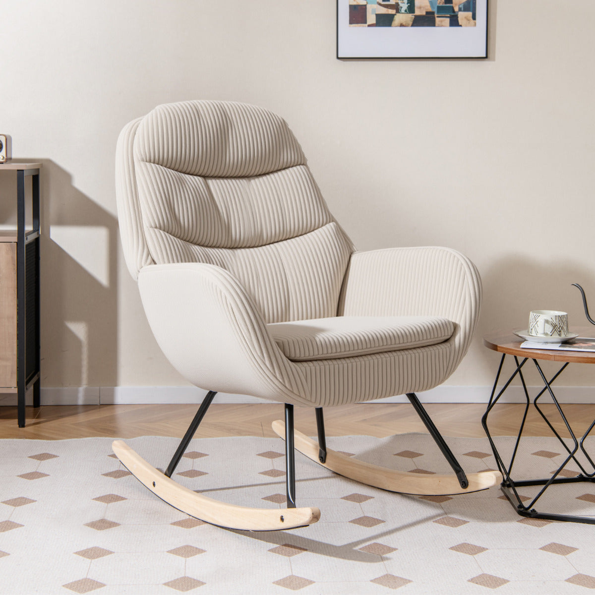 Upholstered Rocking Chair Nursery Glider Rocker with Padded Backrest-Beige