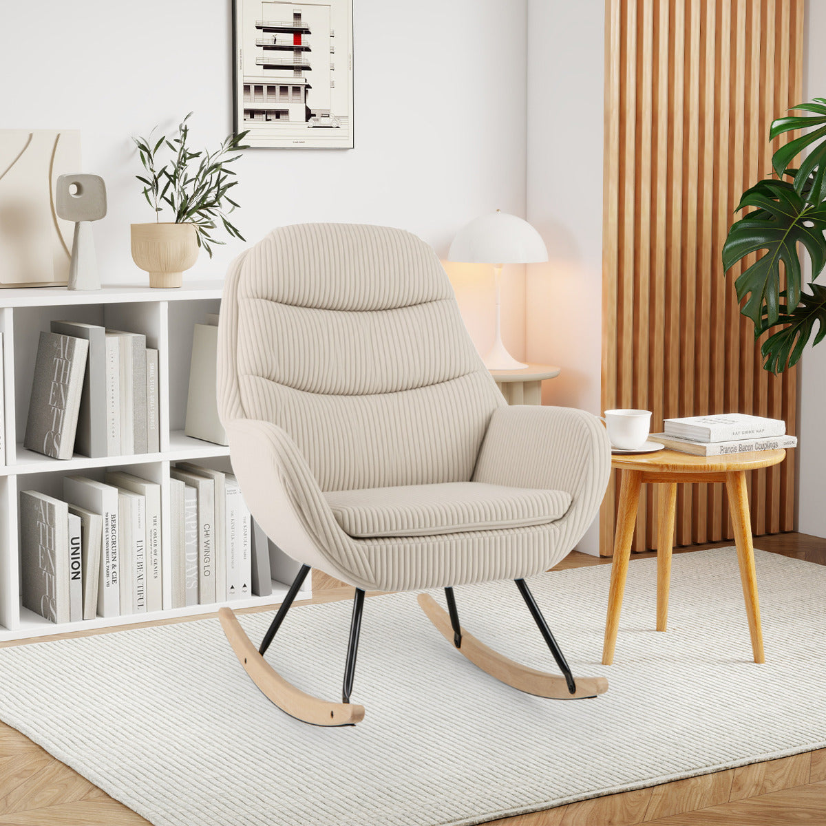 Upholstered Rocking Chair Nursery Glider Rocker with Padded Backrest-Beige