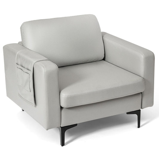 Upholstered Single Sofa Chair with Magazine Caddy Holder and Metal Legs-Grey
