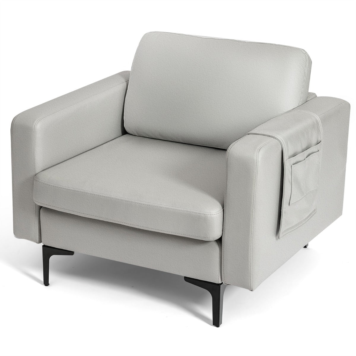Upholstered Single Sofa Chair with Magazine Caddy Holder and Metal Legs-Grey