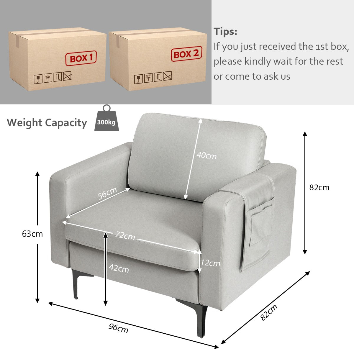 Upholstered Single Sofa Chair with Magazine Caddy Holder and Metal Legs-Grey