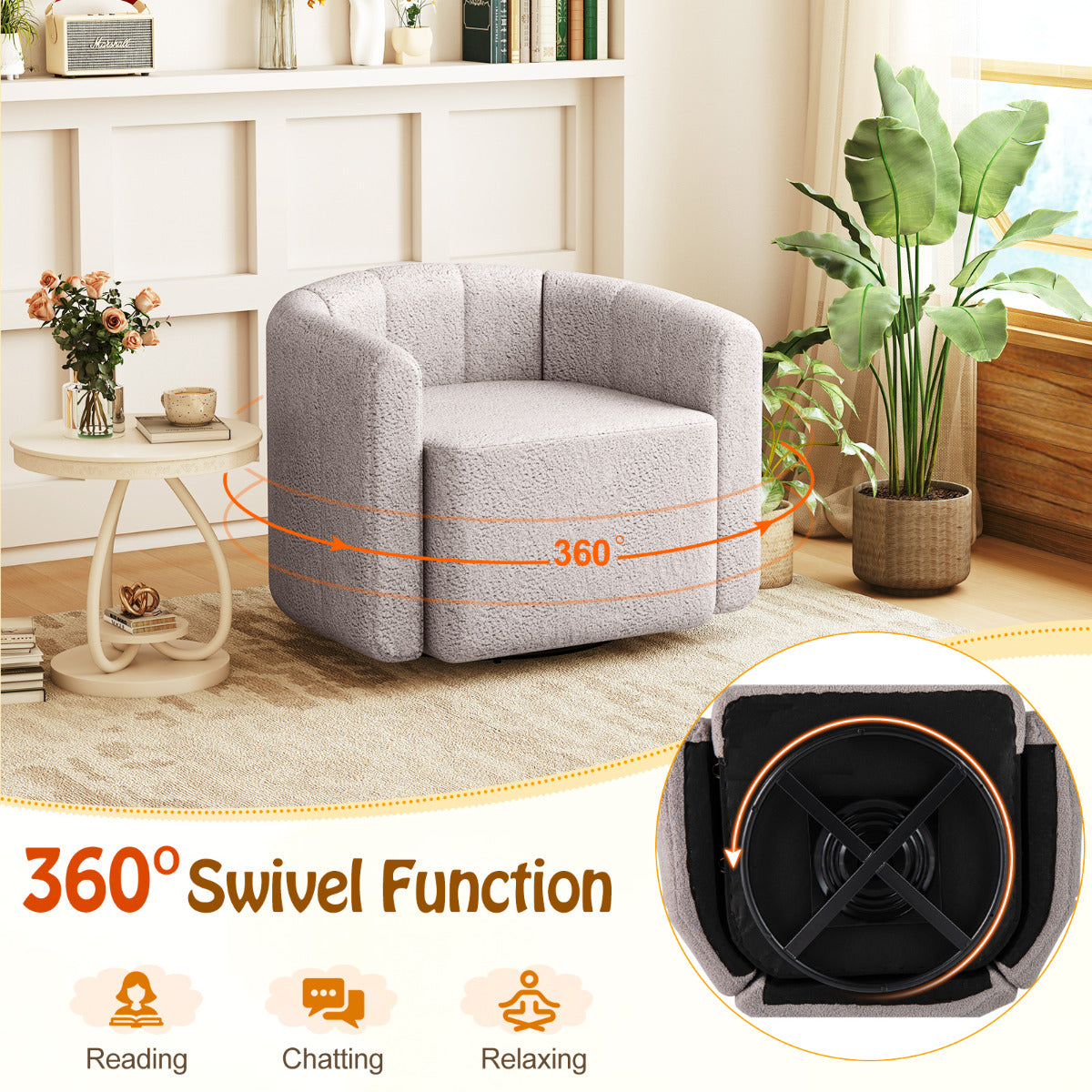 Upholstered Swivel Barrel Chair with Backrest and Armrests-Grey