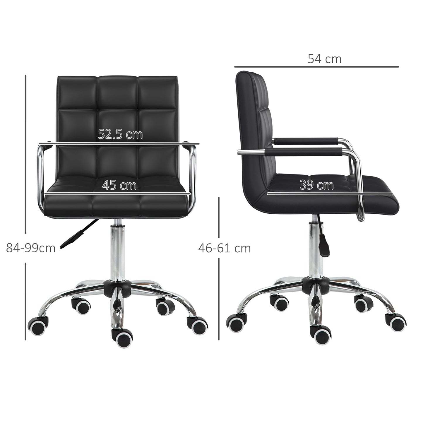 Vinsetto Office Chair, Makeup Vanity Chair, Mid Back Computer Chair, PU Leather Swivel Study Chair with Adjustable Height, Armrest and Rolling Wheels, Black