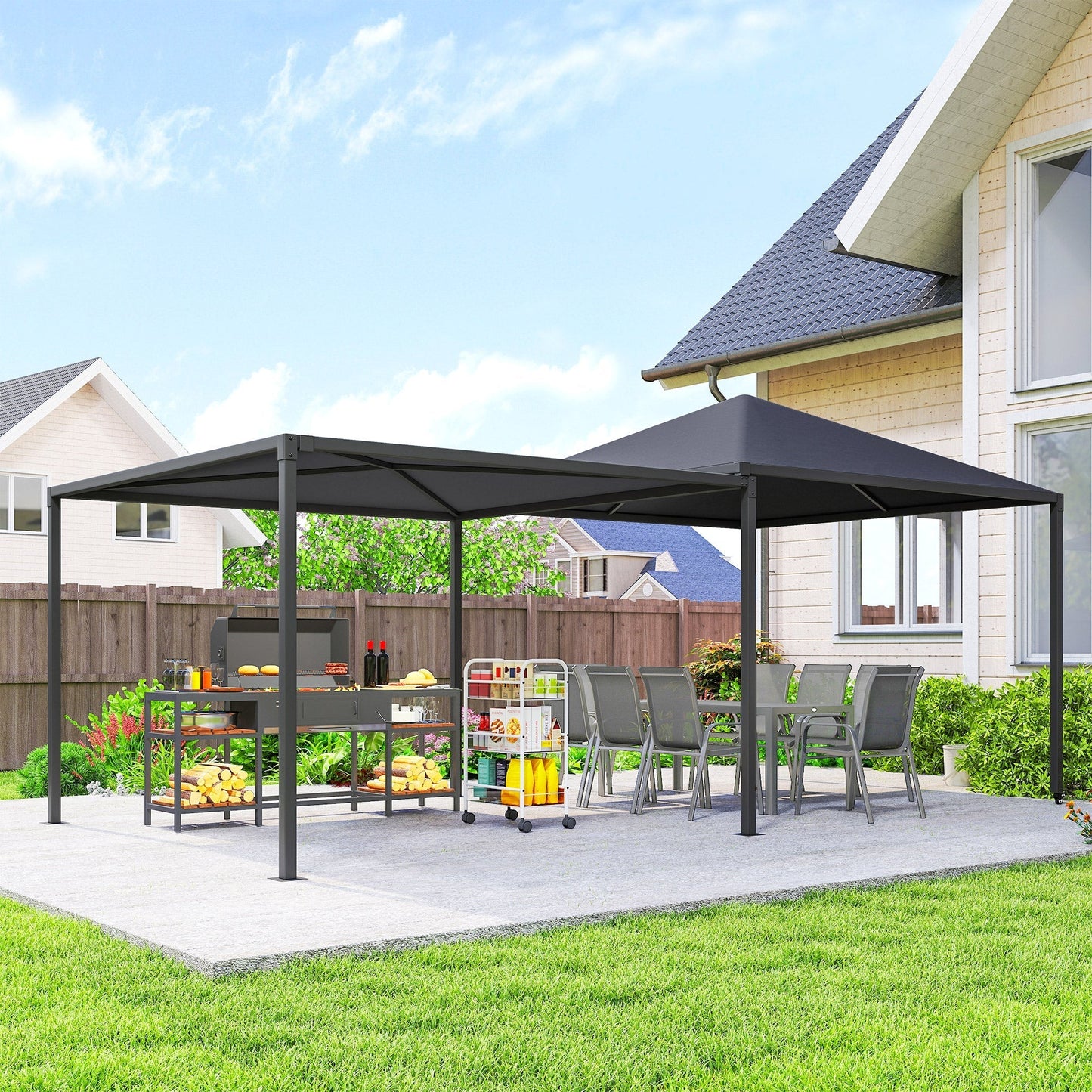 Outsunny 3 x 6m Garden Gazebo with Extendable Awning and Wheels,√Ç UPF30+ Outdoor√Ç Metal Gazebo√Ç Canopy√Ç Shelter√Ç for BBQ, Event, Party