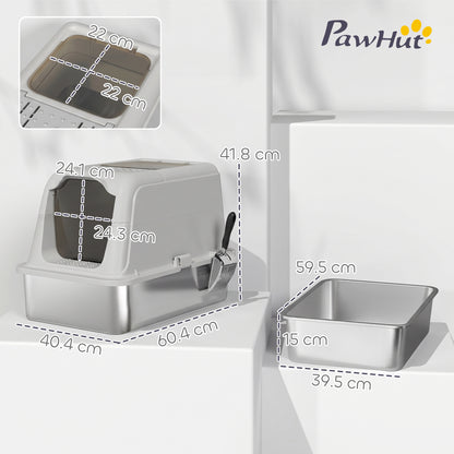 PawHut Extra Large Stainless Steel Litter Box, Enclosed Cat Litter Tray with Scoop, Deodorizer Bag, Front-Entry and Top-Exit