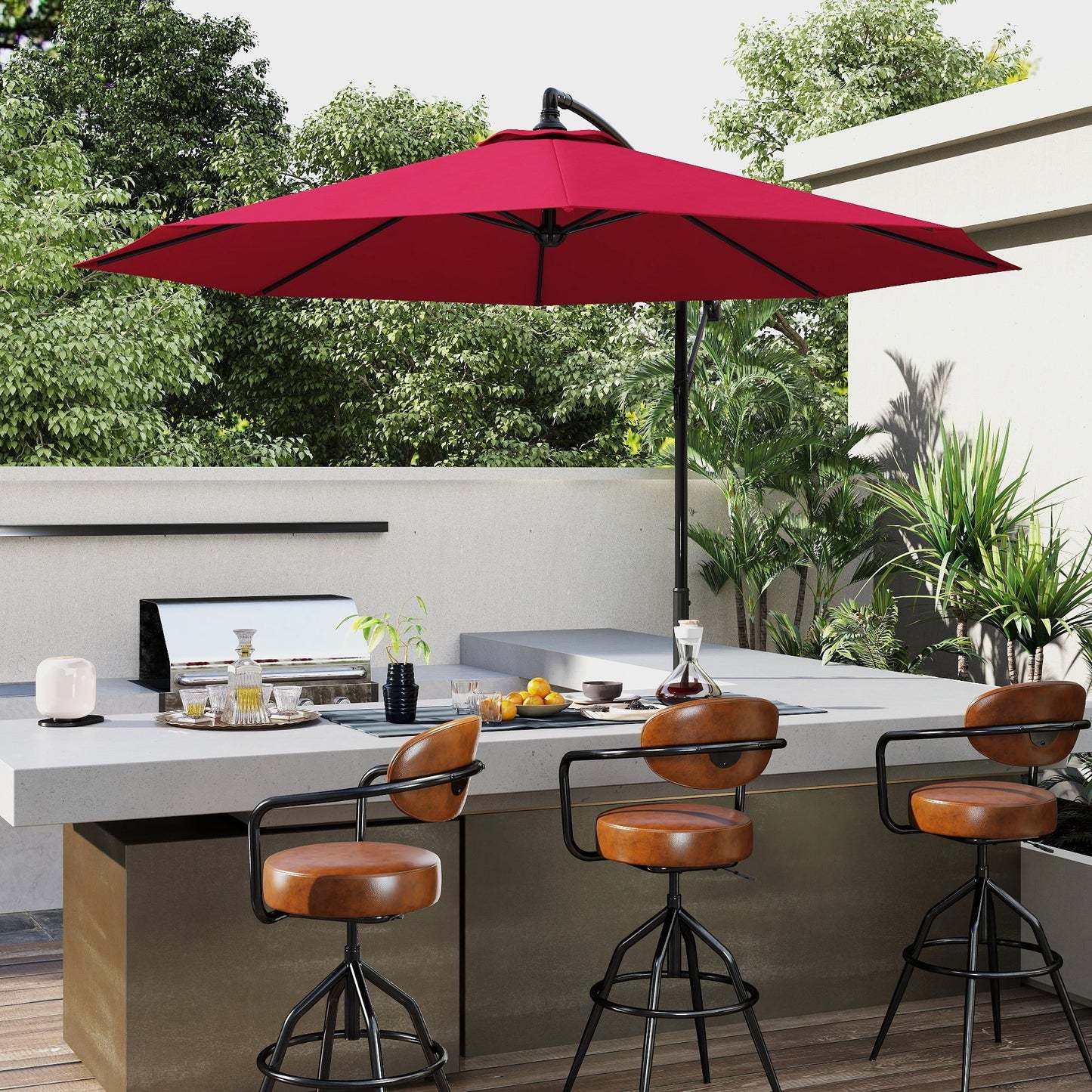 Outsunny Cantilever Umbrella Parasol Hanging Banana Steel Dark Green 3M Patio Wine Red
