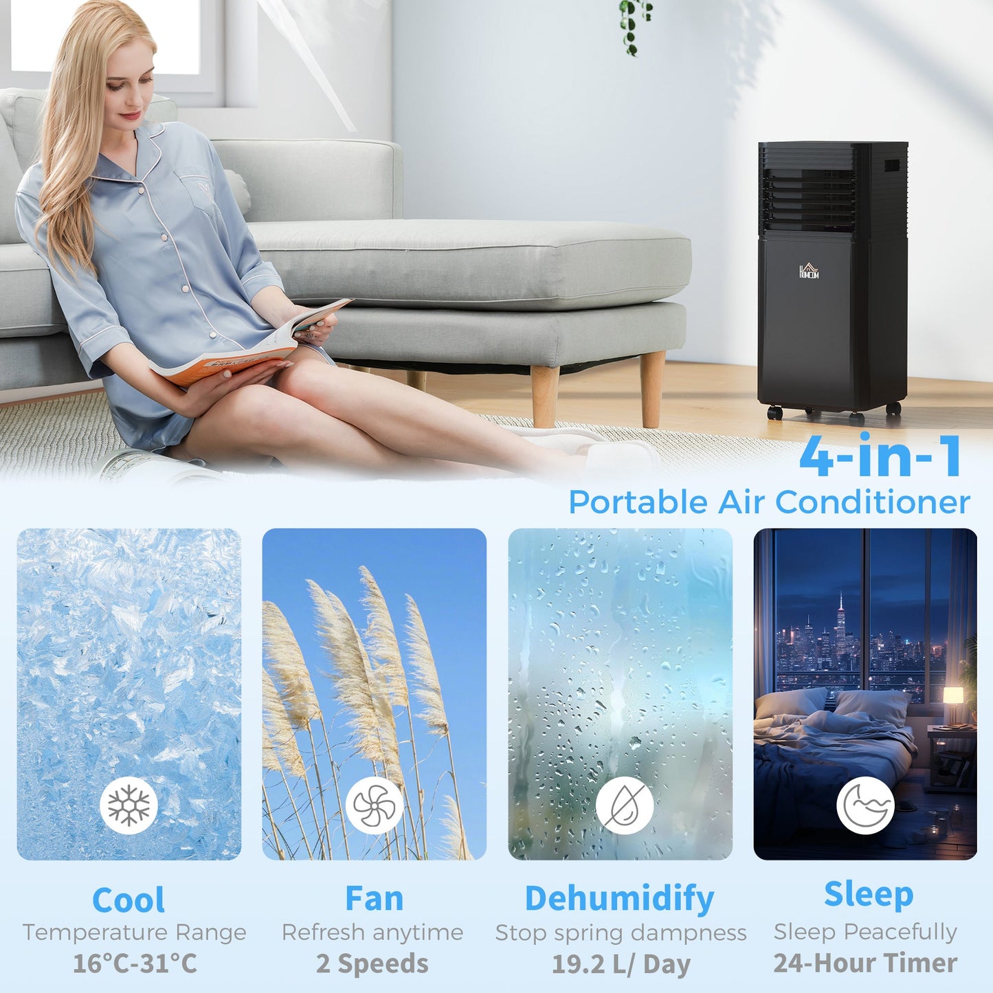HOMCOM 7000 BTU 4-In-1 Portable Air Conditioner Unit Cooling Dehumidifying Ventilating  for Room up to 26mÂ², with Fan, Remote, 24H Timer, Window Mount Kit, R290, A Energy Efficiency