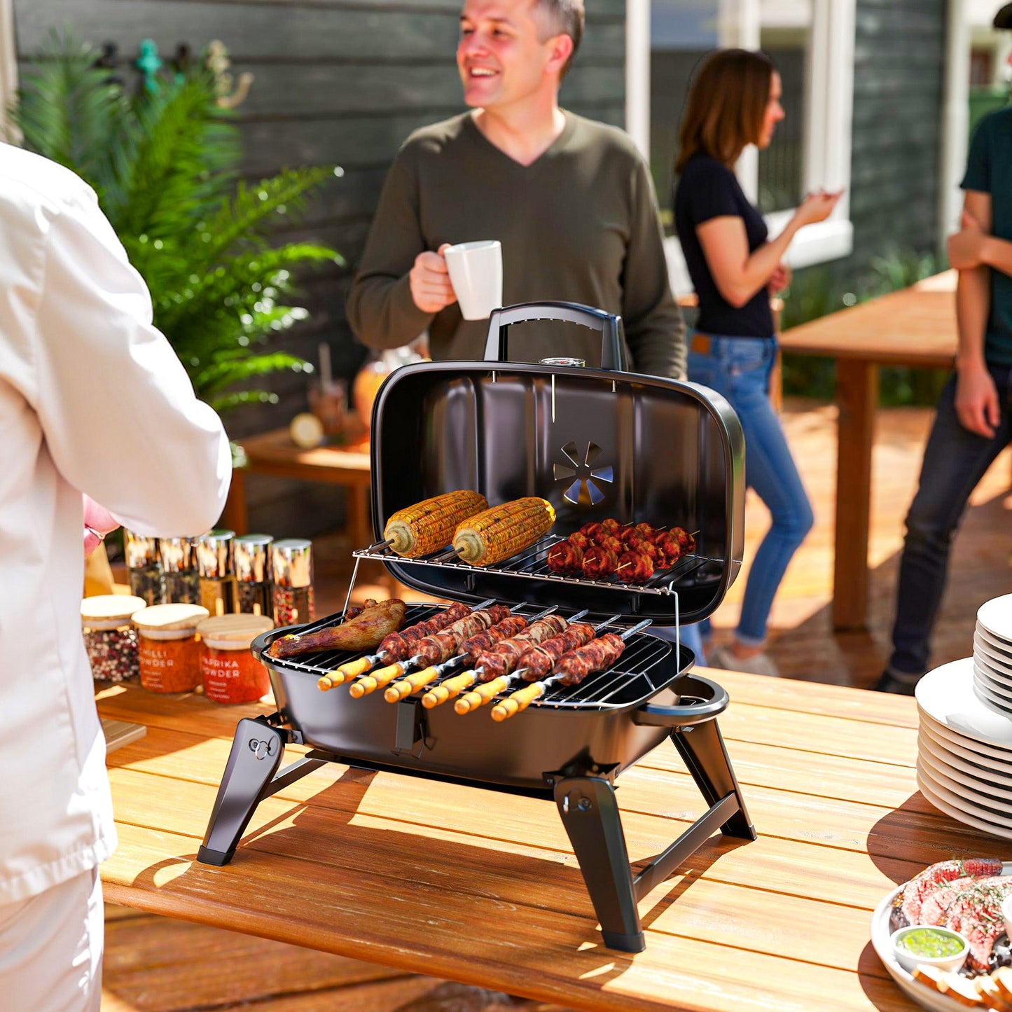 Outsunny Charcoal Barbecue Grill Folding BBQ Grill with 1232 cmÂ² Cooking Area, Adjustable Vent, Thermometer, Handles for Camping Picnic, Black