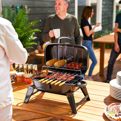 Outsunny Charcoal Barbecue Grill Folding BBQ Grill with 1232 cmÂ² Cooking Area, Adjustable Vent, Thermometer, Handles for Camping Picnic, Black