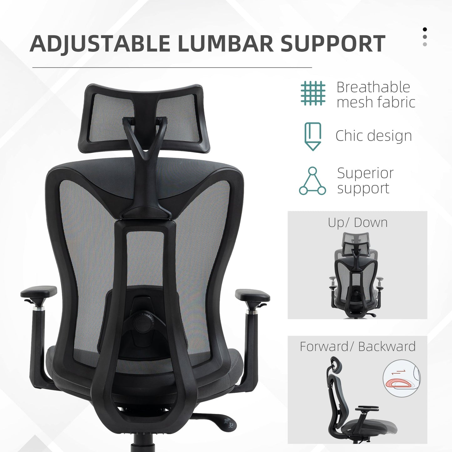 Vinsetto Mesh Office Chair, Ergonomic Desk Chair, Computer Chair with Adjustable Headrest and Lumbar Support, 135Â° Reclining Back and 3D Armrest for Home Office Study, Grey