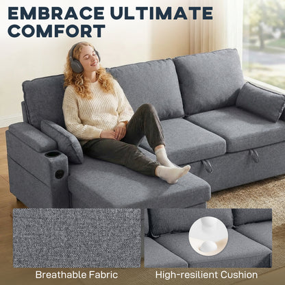 HOMCOM Corner Sofa Bed, L Shaped Sleeper Sectional Sofa with Reversible Storage Chaise, Grey