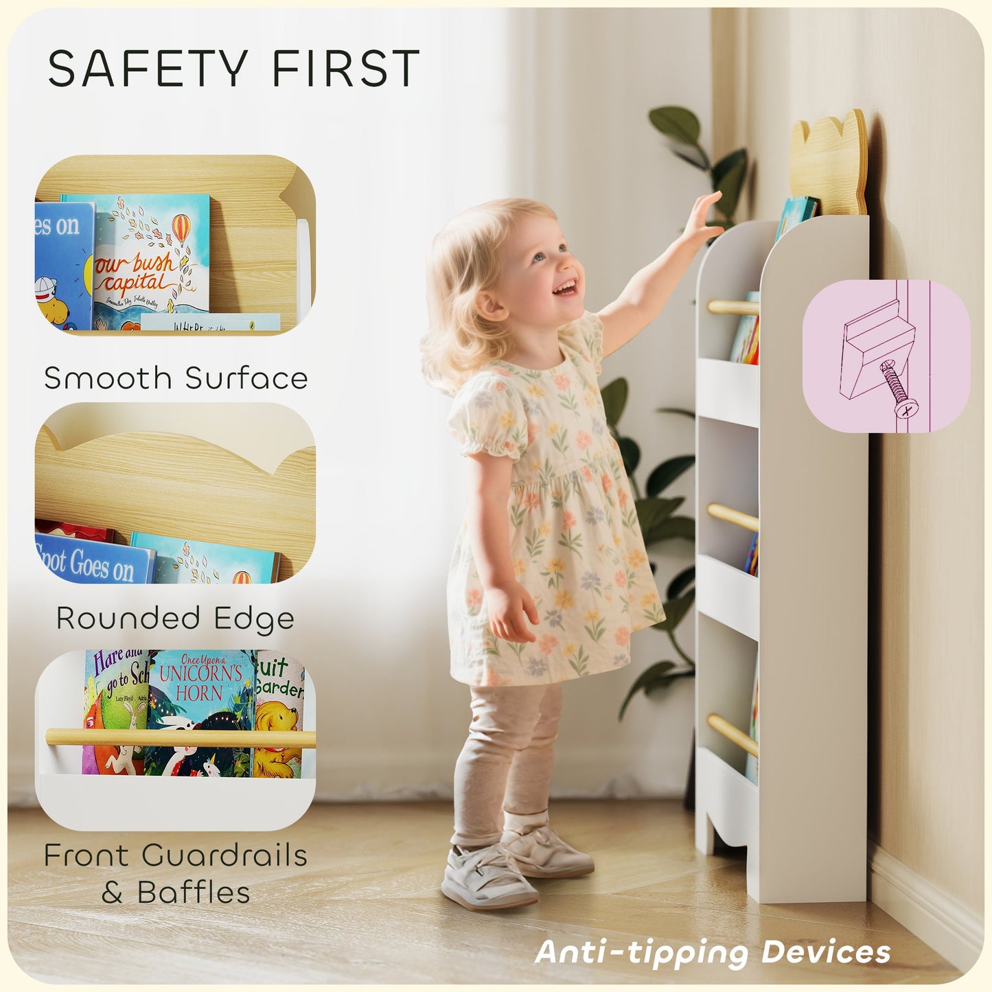 AIYAPLAY Kids Bookshelf, 3 Tier Children Bookcase, Bear Theme Toddler Space-Saving Bookcase for Living Room, White