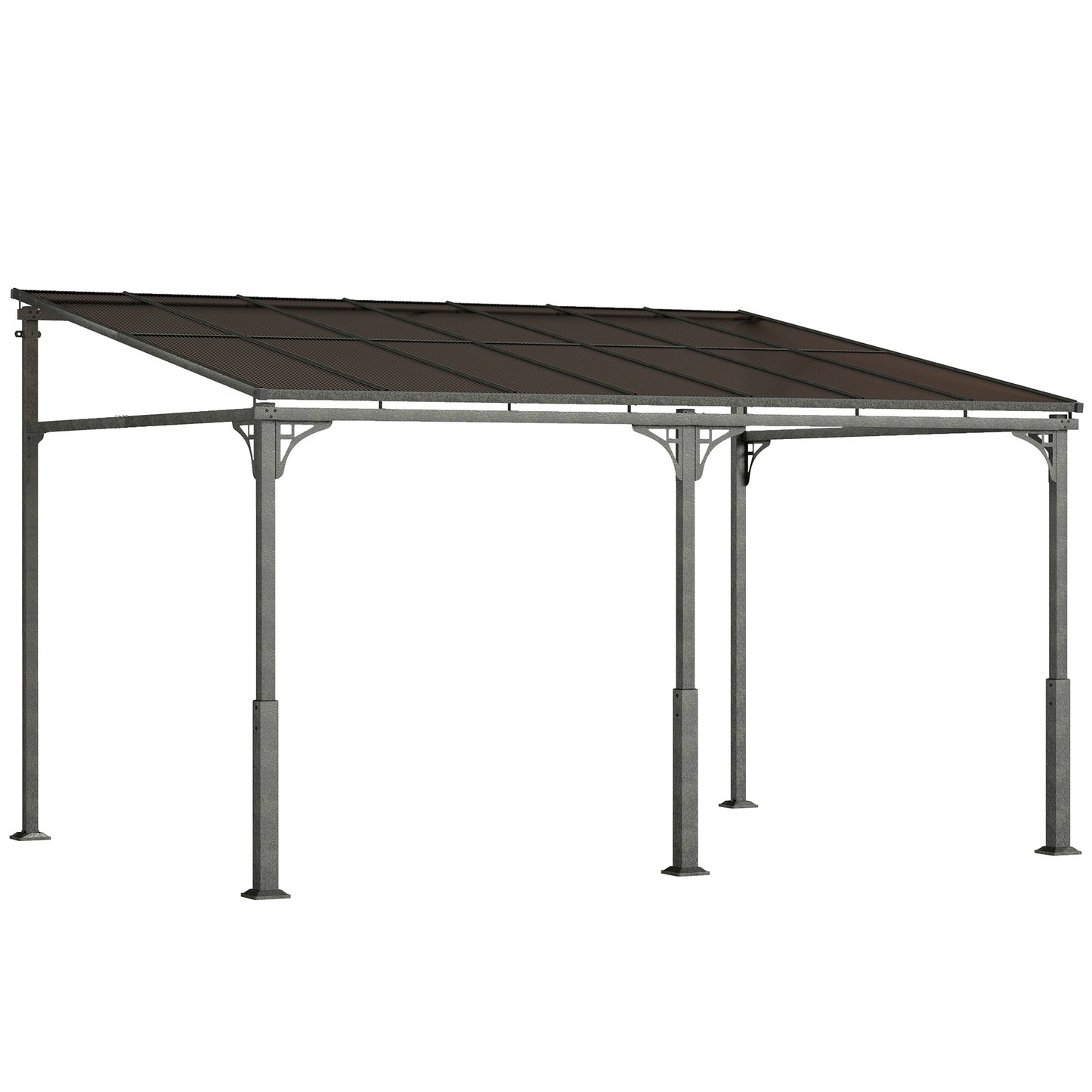 Outsunny 4 x 3 m Metal Lean-to Pergola, Wall-Mounted Garden Pergola with Polycarbonate Roof and Metal-Aluminium Frame, Heavy Duty Hardtop Gazebo for Outdoor Patios, BBQ, Brown