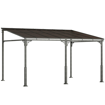 Outsunny 4 x 3 m Metal Lean-to Pergola, Wall-Mounted Garden Pergola with Polycarbonate Roof and Metal-Aluminium Frame, Heavy Duty Hardtop Gazebo for Outdoor Patios, BBQ, Brown