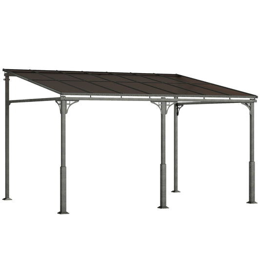 Outsunny 4 x 3 m Metal Lean-to Pergola, Wall-Mounted Garden Pergola with Polycarbonate Roof and Metal-Aluminium Frame, Heavy Duty Hardtop Gazebo for Outdoor Patios, BBQ, Brown